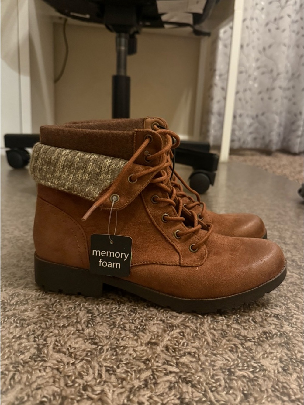 Faux Leather Lace-Up Ankle Boots - Brown